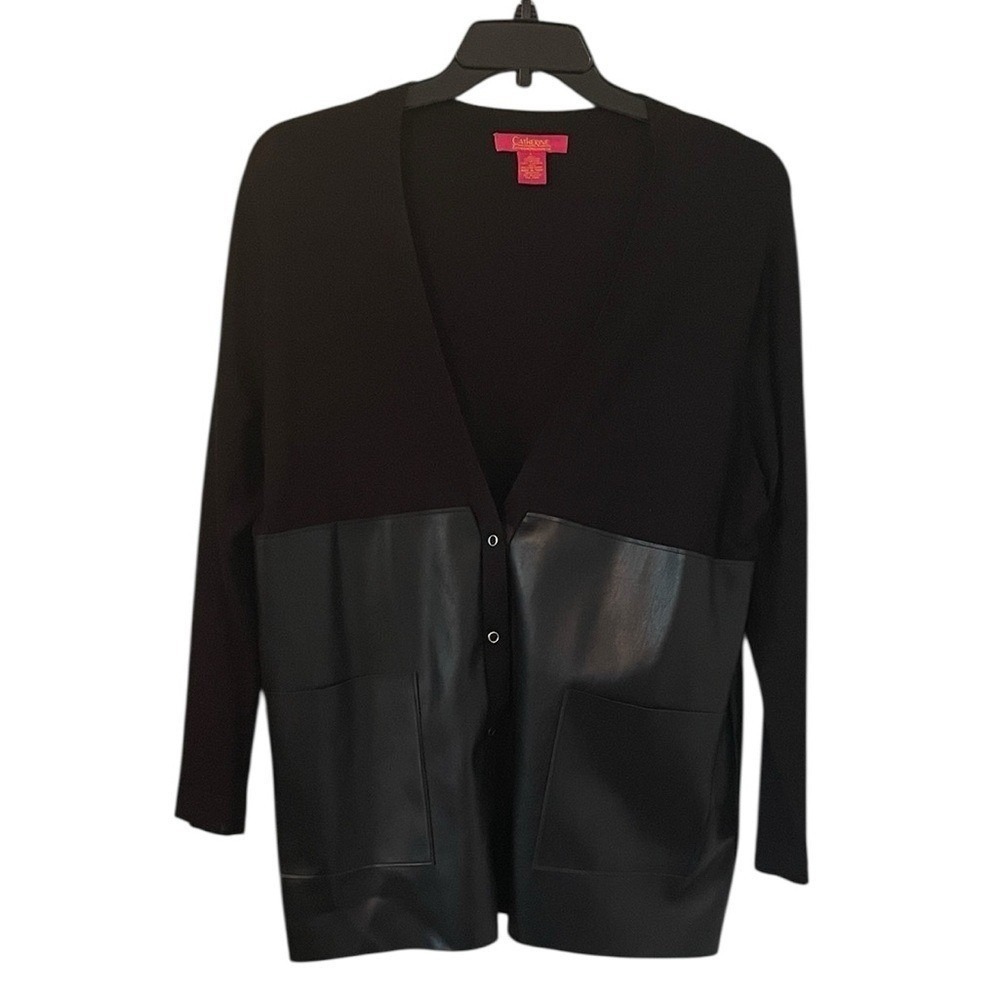 Catherine‎ Malandrino Women's Black Calvin Faux Leather V-Neck Cardigan Size L